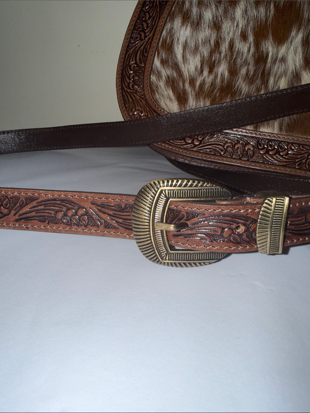 Hand-Tooled Brown Leather & Hair-on Hide Crossbody Bag, new - Picture 4 of 9